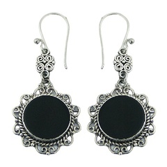 Ornamented ajoure black agate gemstone hand soldered sterling silver earrings