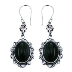 Convexed black agate ornamented hand soldered sterling silver earrings