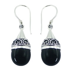Gentle antiqued conical black agate ornamented sterling silver droplets earrings