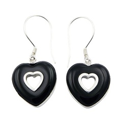 Romantic black agate gemstone heart open cut sterling silver earrings