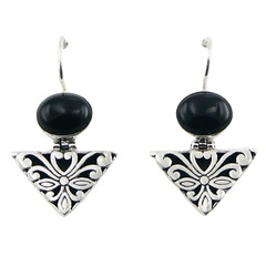 Black agate oval gemstone sterling silver floral print mixed shapes earrings