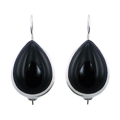 Elegant glossy pear shaped black agate gemstone polished sterling silver earrings
