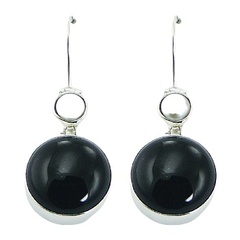 Black agate cabochon round freshwater pearl polished sterling silver earrings