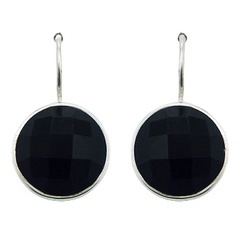 Faceted roung covexed black agate gemstones sterling silver drop earrings
