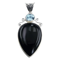 Sterling silver black agate and blue facted topaz pendant