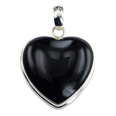 Black agate convexed heart pendant in silver frame with bail