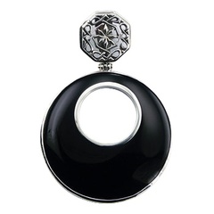 Black agate circle pendant silver bail 