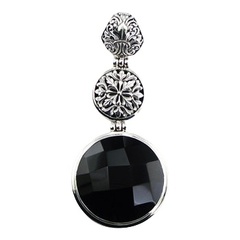 Romantic round faceted black agate gemstone pendant with shiny ajoure sterling silver floral decor bail