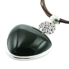 Silver black agate smoothed triangular pendant 