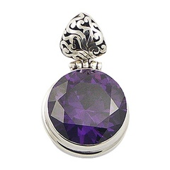 Handmade antiqued sterling silver pendant with violet round faceted qubic zirconia gemstone