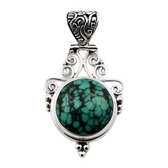Romantic turquoise black green waxed cabochon soldered sterling silver pendant