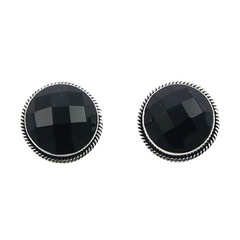 Diamond faceted black sphere agate with ornate silver trim earrings