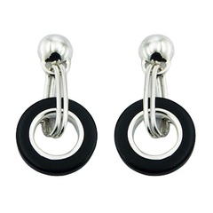 Black agate gemstone round cut out double loops sterling silver earrings