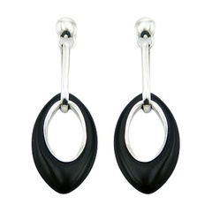 Marquise shaped oval cut out black agate polished sterling silver loops earrings