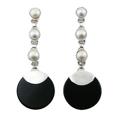 Black agate disk with triple white freshwater pearls sterling silver earrings