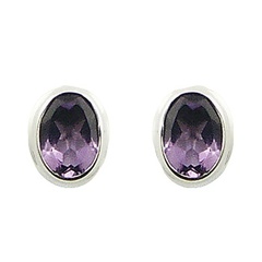 Violet faceted oval cut cubic zirconia polished sterling silver stud earrings
