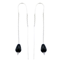 Glossy pear shaped black agate gemstone sterling silver threader earrings