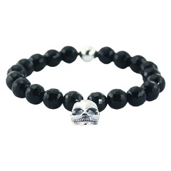 Black agate stretch bracelet silver skull charm 