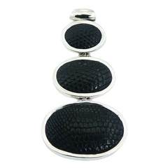 Luxury large triple round black lizard leather textured hinged ovals sterling silver pendant