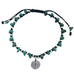 Macrame bracelet with silver and turquoise beads and silver leaf charm