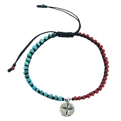 Two color macrame bracelet with turquoise and glass beads and silver disc charm