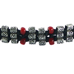 Macrame bracelet triple row red glass and silver beads 2