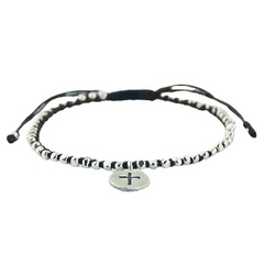 Macrame bracelet silver beads and silver charm with cross 