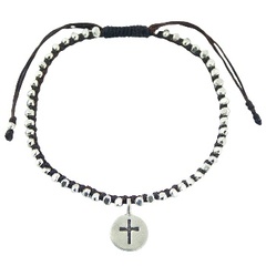 Macrame bracelet with silver beads and silver charm with cross