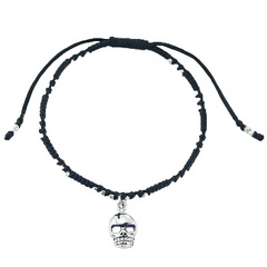 Macrame bracelet with silver bicone beads & silver skull charm