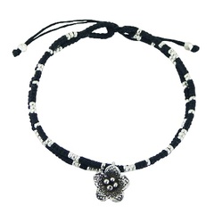 Double macrame bracelet groups of silver beads and flower charm 