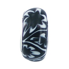 Gorgeous black murano glass white flowers zigzag pattern bead