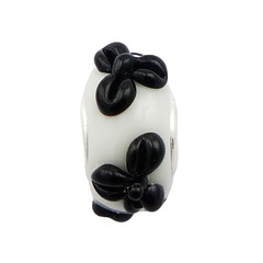 White murano glass with black flower relief sterling silver core bead
