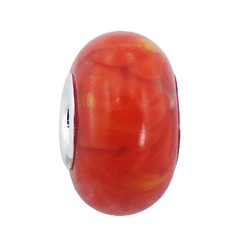 Donut shaped stylish transparent marbled murano glass bright orange yellow sterling silver core bead