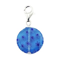 Murano glass blue disc with dark blue flowers sterling silver charm