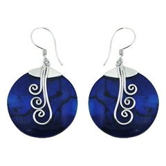 Handmade contrasting blue abalone-paua shell hand soldered tendrils sterling silver earrings
