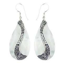 Handmade iridescent white mother of pearl with antiqued ornate sterling silver earrings