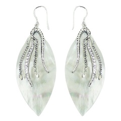 Marquise shaped mother of pearl wirework ornament fringed sterling silver earrings