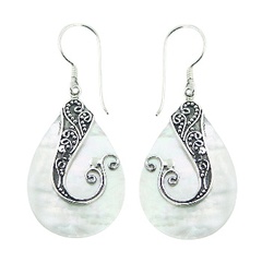 Antiqued handmade white iridescent mother of pearl ornate silver dangle earrings