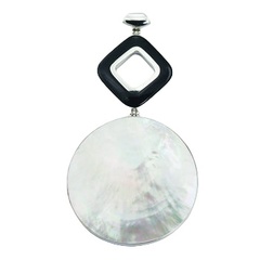 Two-piece mixed shape mother or pearl and black agate contrasting sterling silver pendant