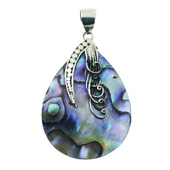 Multicolor abalone shell teardrop pendant with spiral sterling silver accents