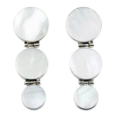 Stacked hinged triple mother of pearl discs sterling silver trimmed earrings
