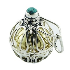 Hand soldered sterling silver ornamented pendant with harmony ball and turquoise cabochon