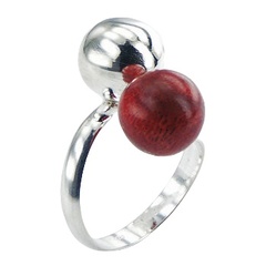 Red coral polished sphere silver ring 