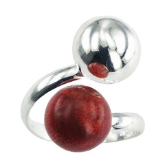 Red sponge coral sphere handcrafted half round wire polished sterling silver ring