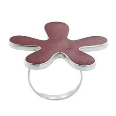 Handmade red coral flower silver ring 
