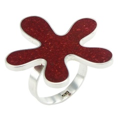 Gorgeous handmade red sponge coral flower polished sterling silver ring