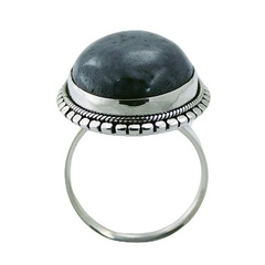 Oval blue coral ornate silver ring 