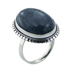 Handmade oval blue coral ornate sterling silver flange ring