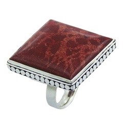 Handmade square red sponge coral ornate hand soldered polished sterling silver ring