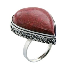 Red sponge coral trimmed with sweetheart ornate soldered polished sterling silver ring